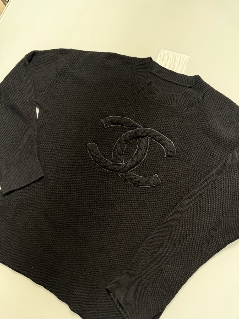CHANEL Black Crewneck Sweater with Embroidered CC Logo